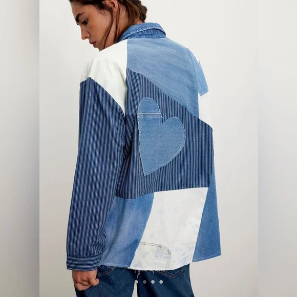 Free People X Tricia Fix Heart Appliqué Shirt Denim 100% cotton - XS NWT - Picture 3 of 11